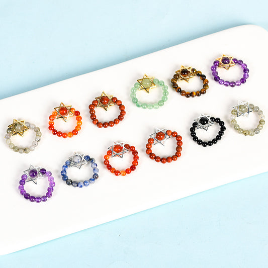 Natural Crystal Stone Round Beads Six-pointed Star Jade Handmade Rings