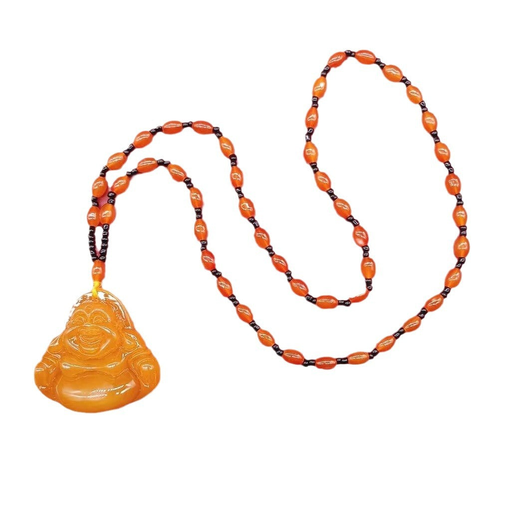 Women's Buddha Carved Smiling Long Sweater Chain Yellow Necklace