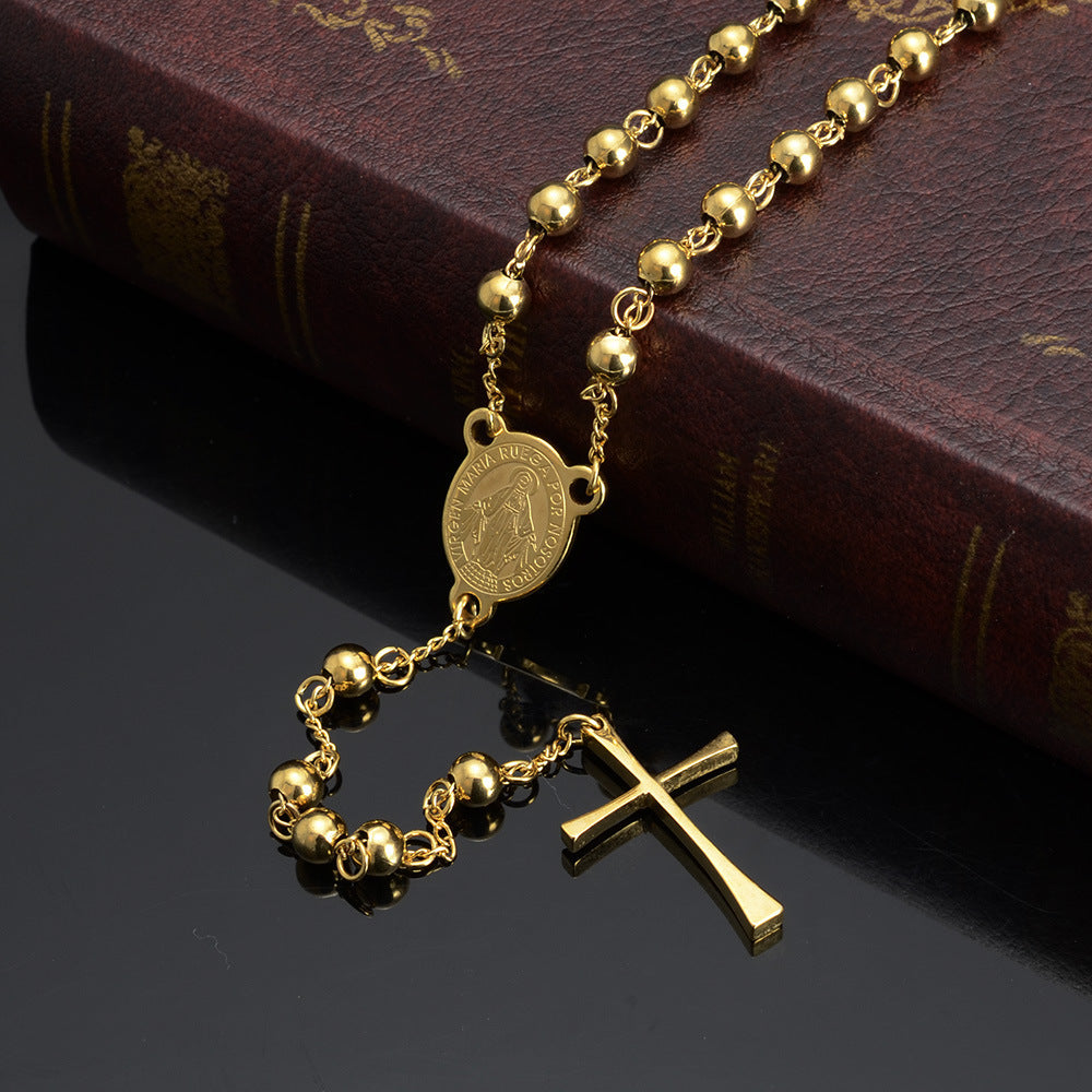 Women's & Men's Stainless Steel Cross Titanium Beads Gold-plated Necklace
