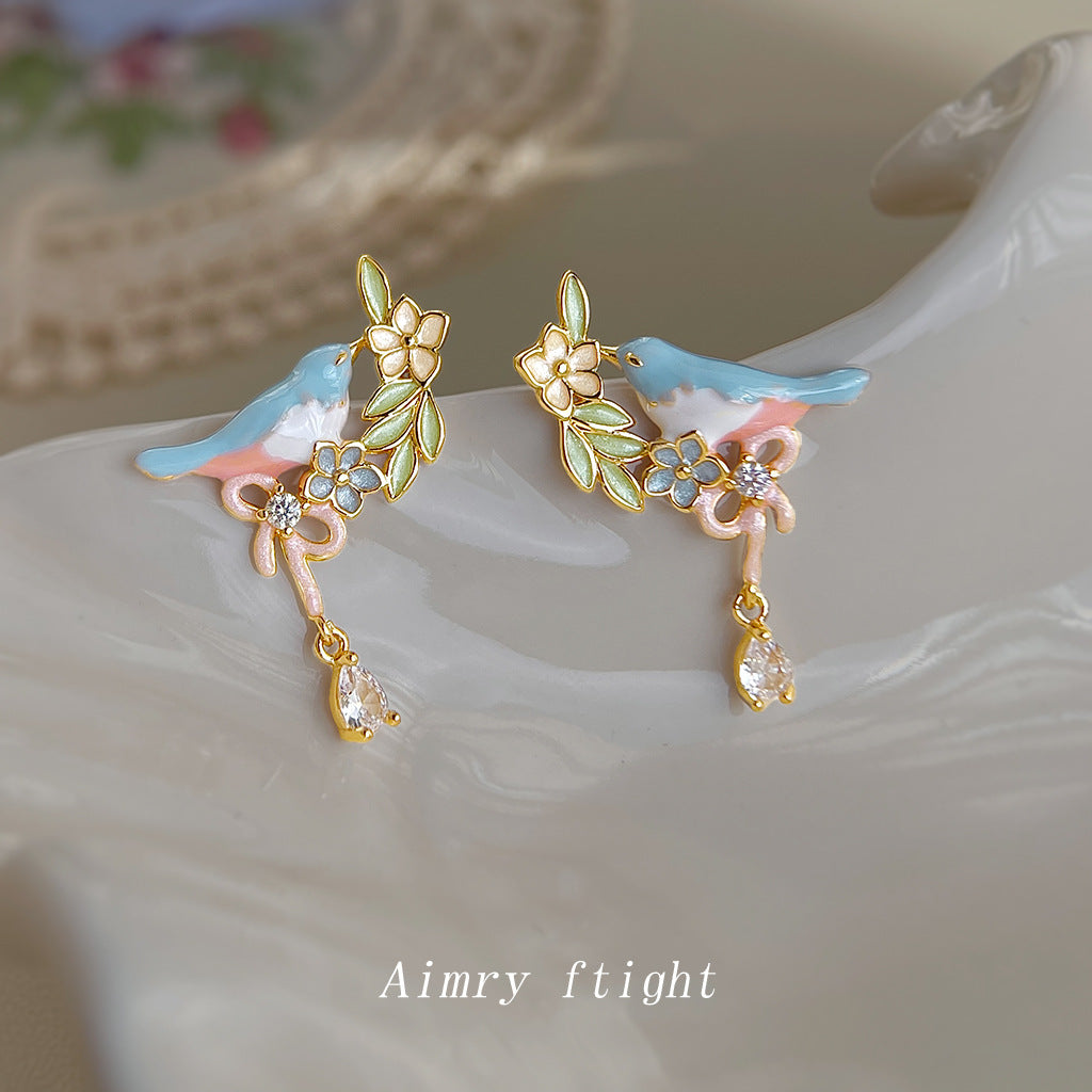 Glazed Flying Bird Collection Micro Inlaid Zircon Sier Needle Fresh Earrings