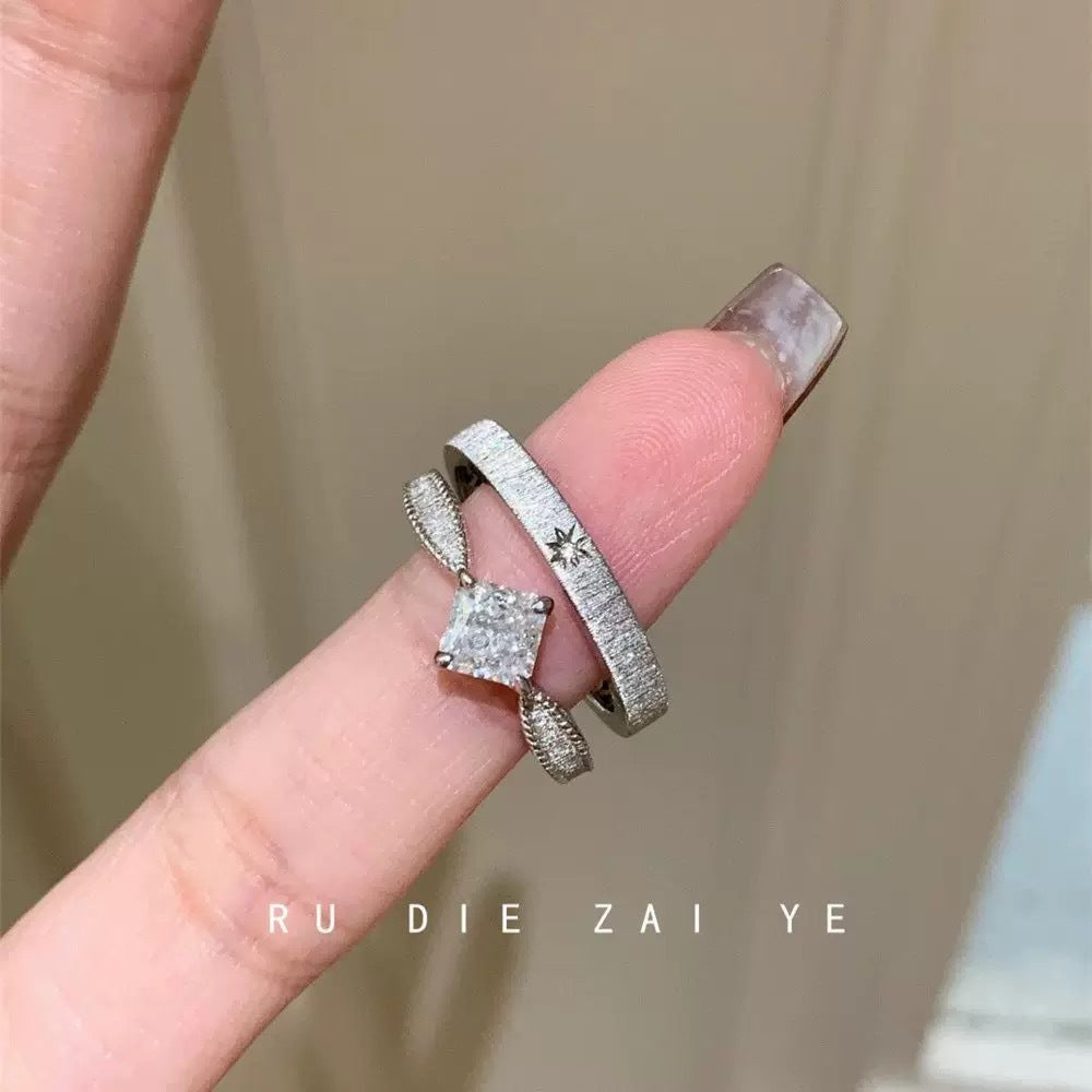 Brushed Small Square Rhinestone Female Design High-grade Light Luxury Zircon Rings