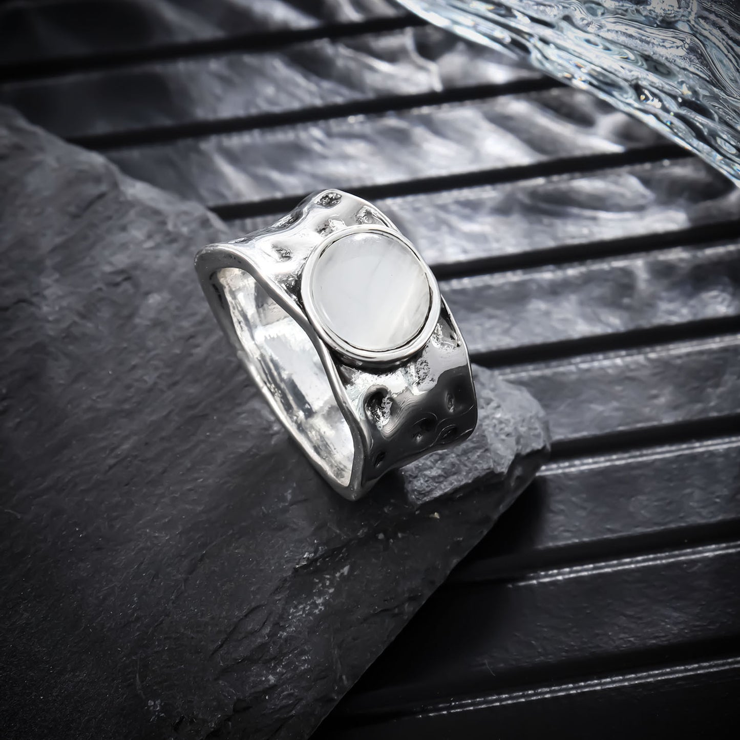 Men's Fashion Retro Moonstone Wide Face Personality Rings
