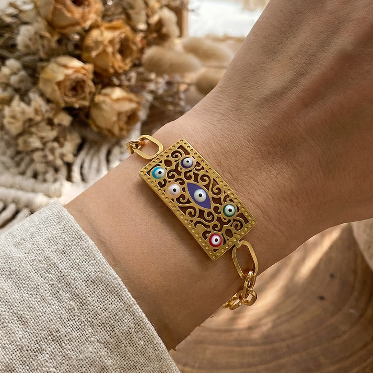 Source Golden Hollow Devil's Eye Square Retro Ethnic Style Bracelet