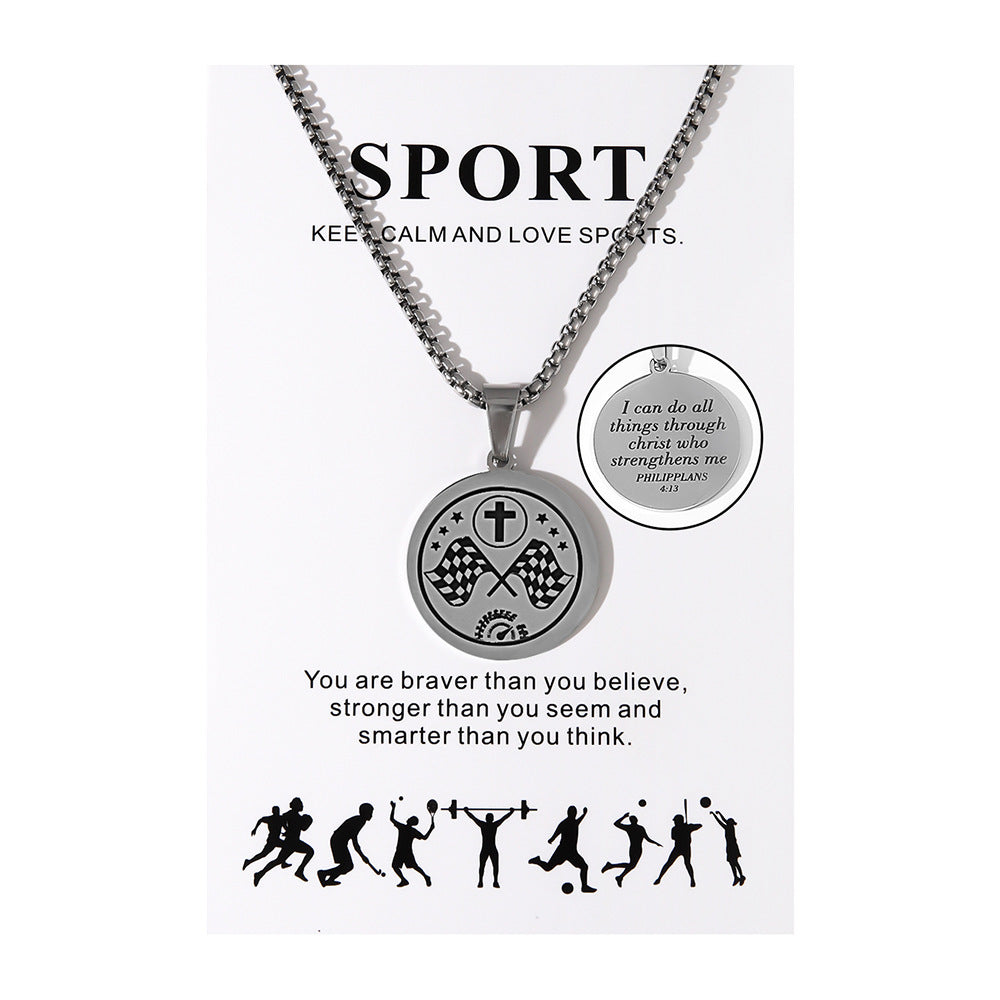 Football Stainless Steel Cross Inscription Sports Necklaces