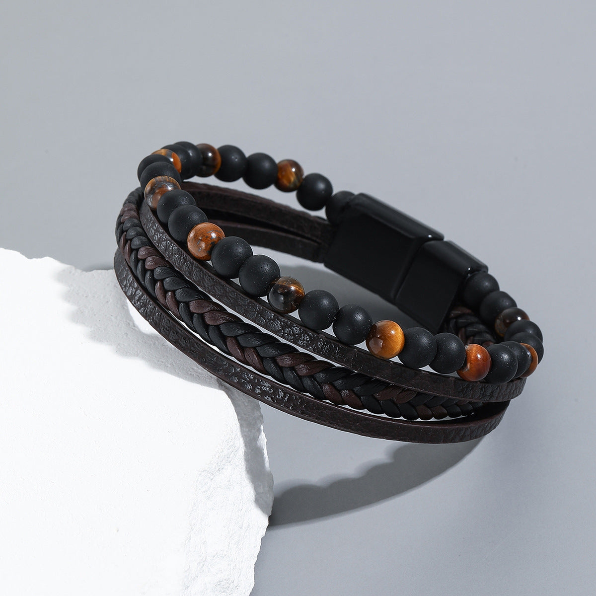 Men's Handmade Weaving Natural Obsidian Beaded Bracelets