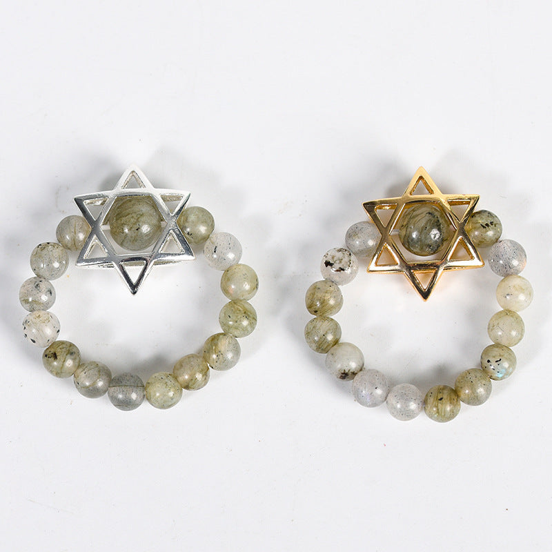 Natural Crystal Stone Round Beads Six-pointed Star Jade Handmade Rings
