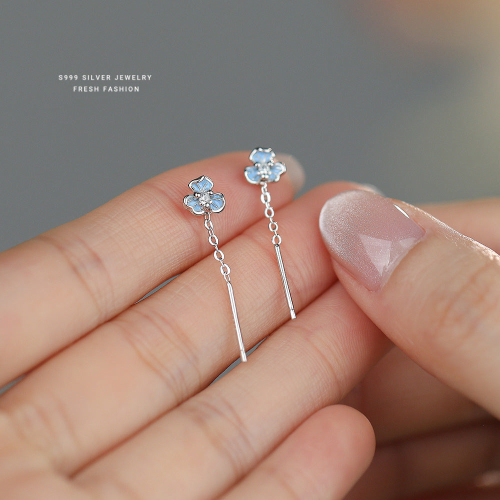 Women's Epoxy Blue Fresh Iris Flower Sterling Sier Korean Fashion Zircon Ear Line