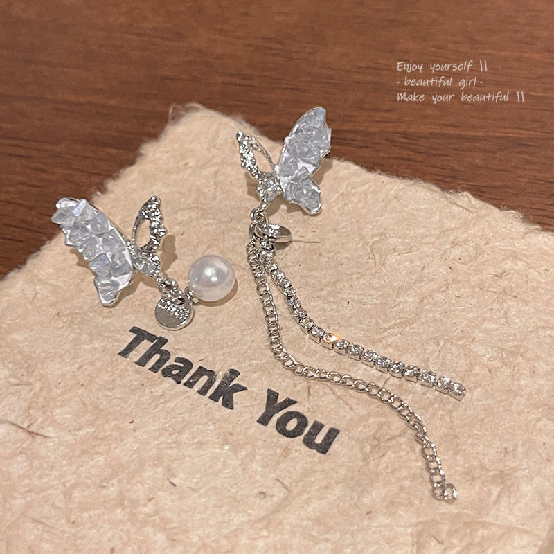 Tassel Asymmetric Butterfly Blue Diamond In The Debris Earrings