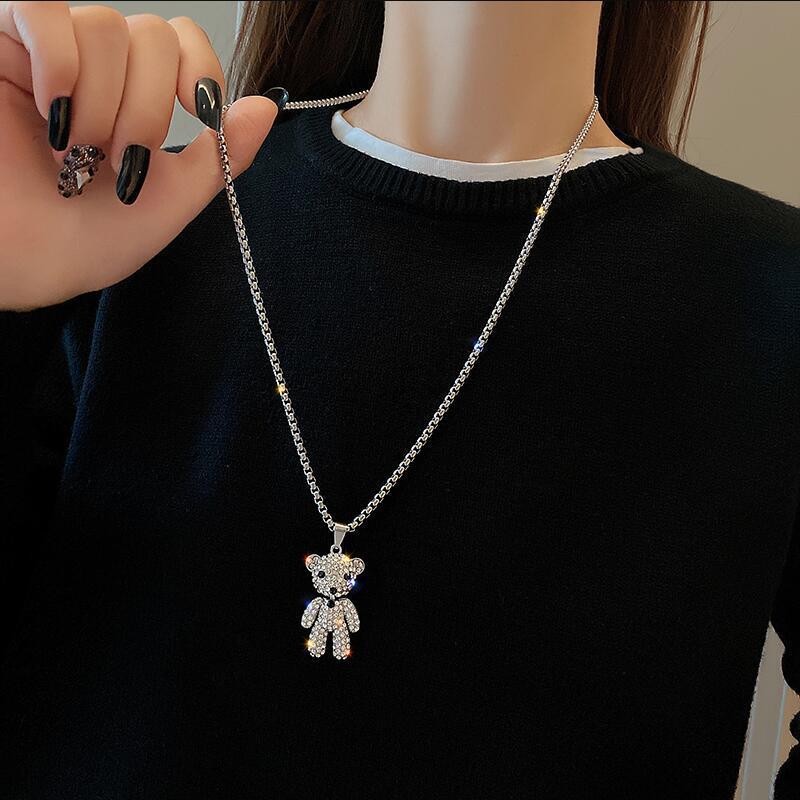 Women's Diamond Bear Soil Cool Female Trendy Stainless Steel Sweater Chain Necklace