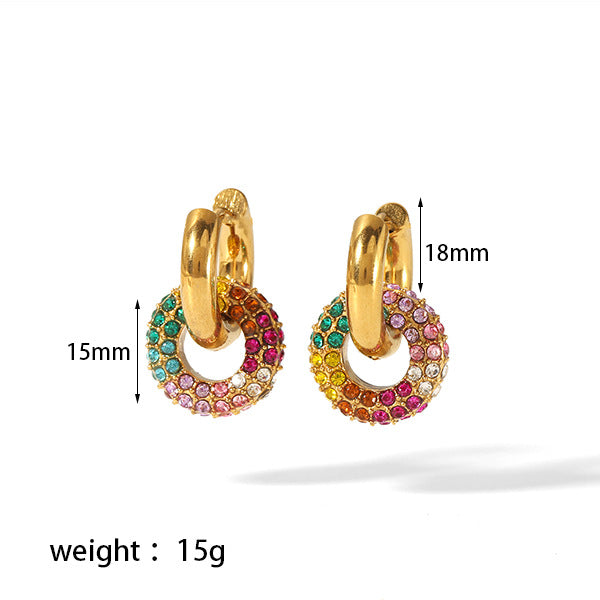 Stainless Steel Gold Colorful Diamond Round Earrings