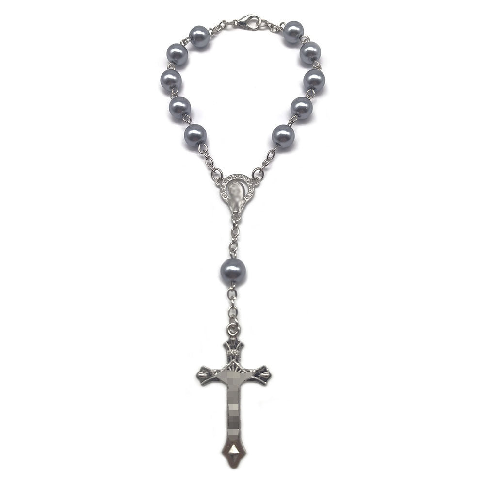 Artificial Glass Pearl Rosary Zinc Alloy Cross Beaded Bracelet