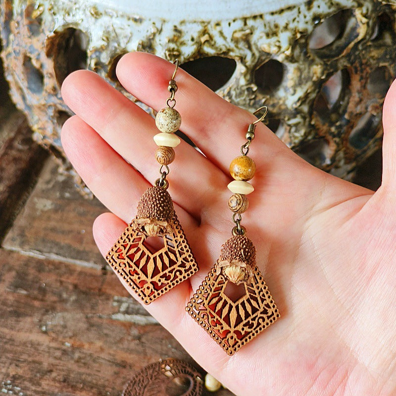 Style Retro Minority Mori Bohemian Indian Wandering Hollow Wood Grain Earrings