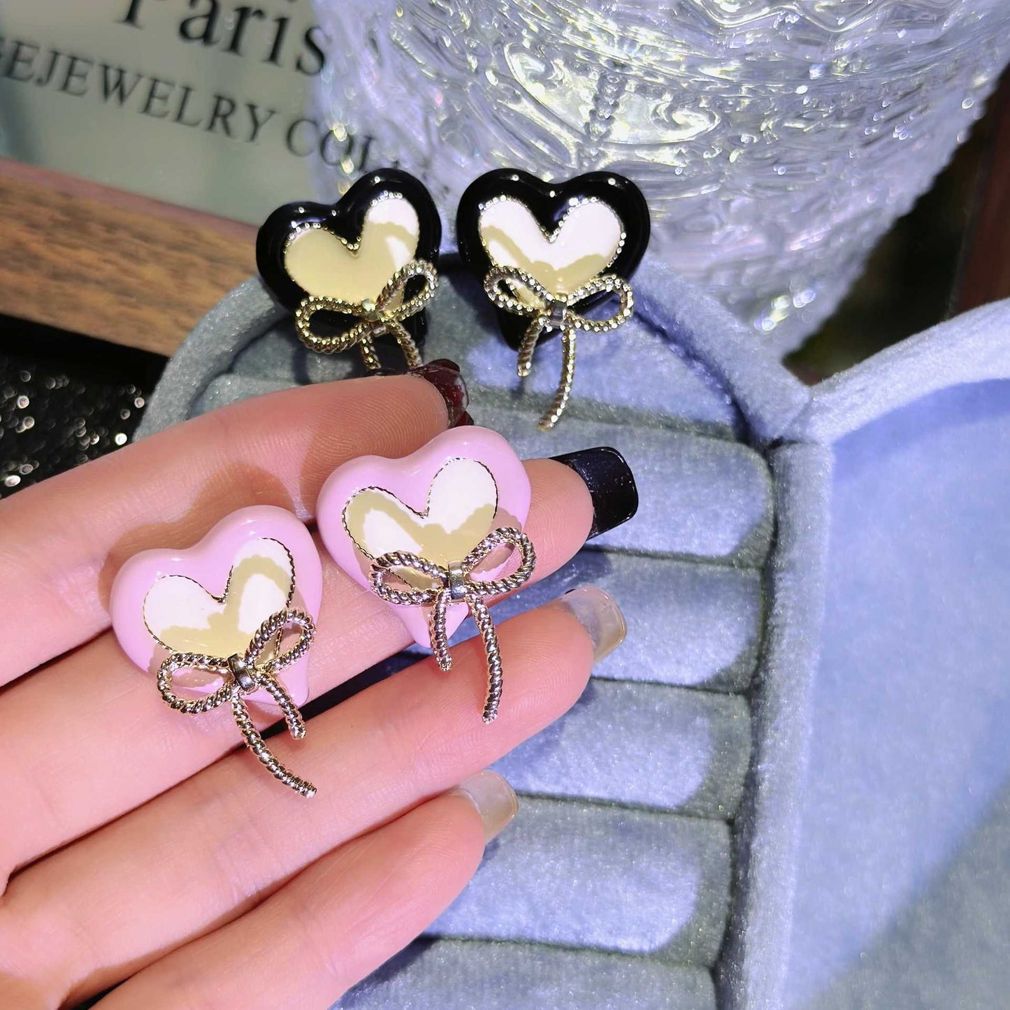 Warm Soft Wind Love Dripping Oil Bow Sier Needle Earrings