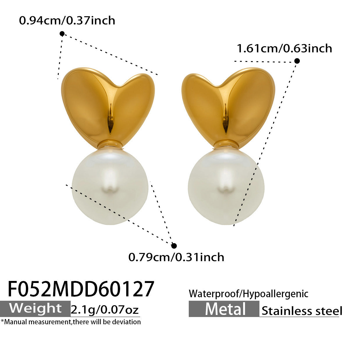 Minority Wind Imitation Pearl Love Heart Stainless Steel Material Gold Earrings