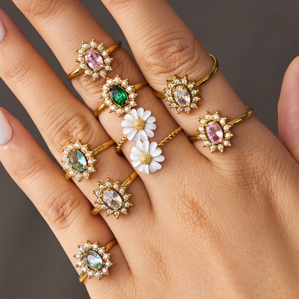 Women's Steel Colored Glass Flower Open Gold Ring