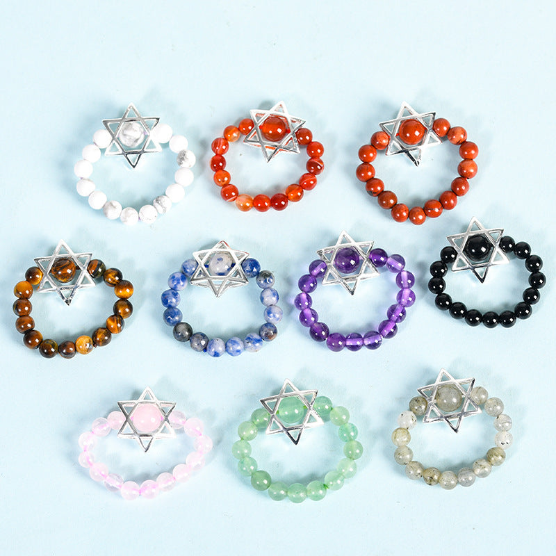 Natural Crystal Stone Round Beads Six-pointed Star Jade Handmade Rings