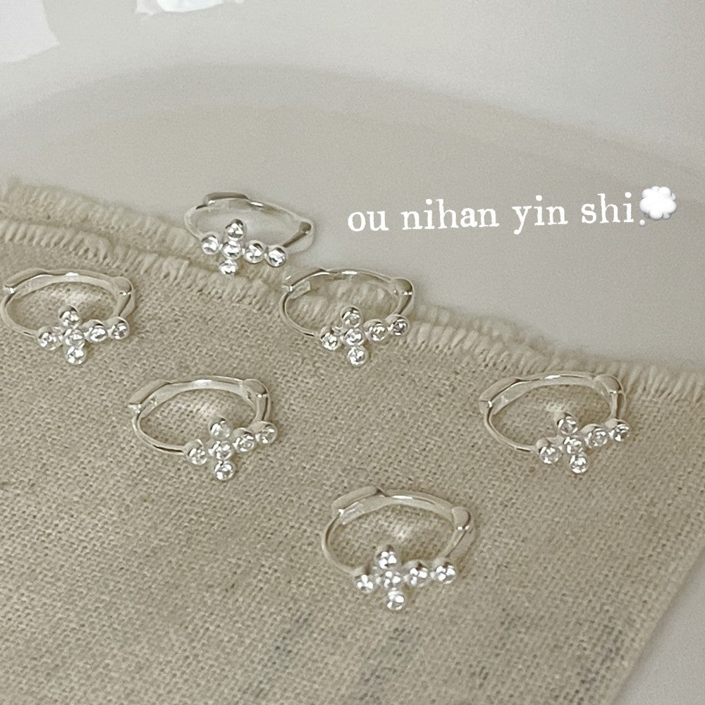 Women's Oni Korean Sterling Sier Cross Rhinestone Ear Clip Earrings