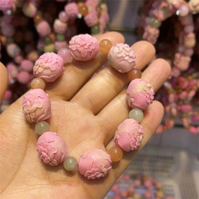 Live Broadcast Optimization Peach Pink Agate Press Engraved Back Lines Bracelets