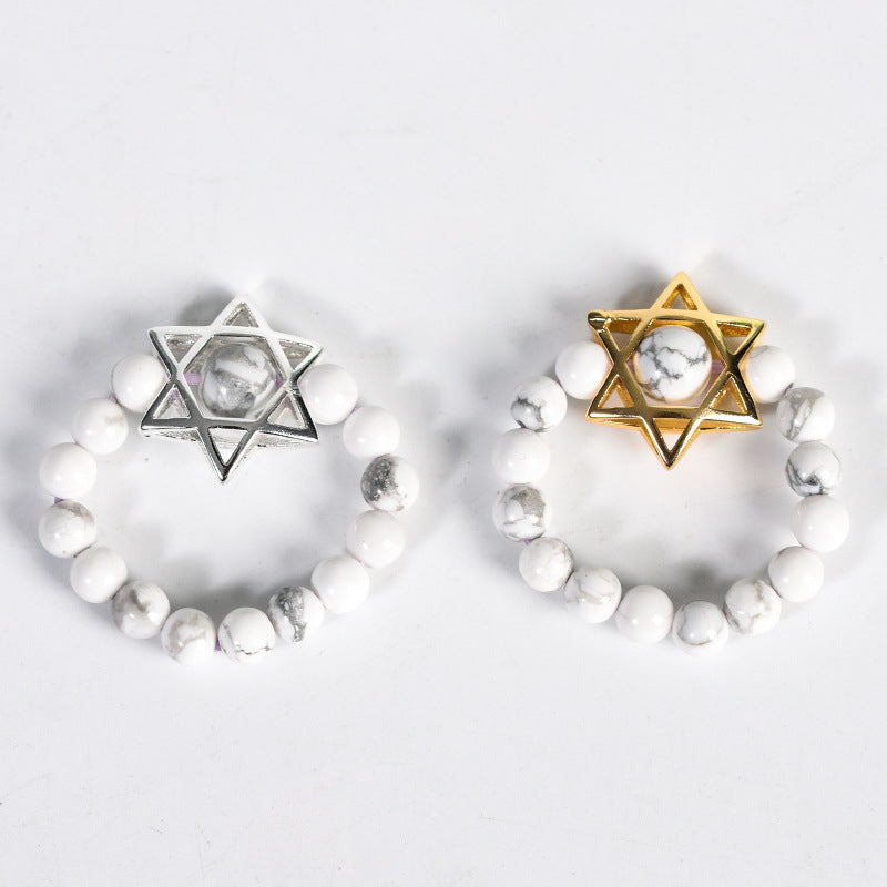 Natural Crystal Stone Round Beads Six-pointed Star Jade Handmade Rings