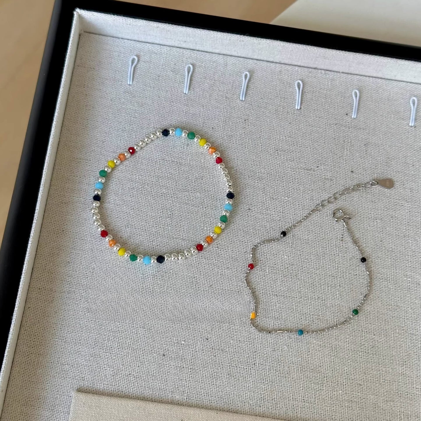 Dopamine Sier Rainbow Beanie Drip Glazed Colorful Beaded Twin Female Bracelet
