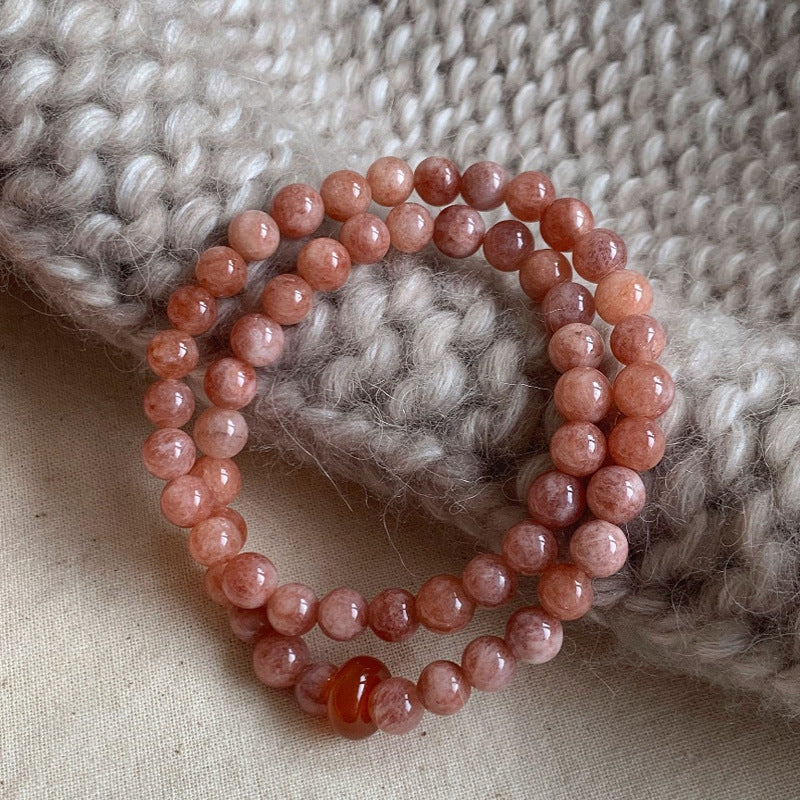 Women's Pink Natural Sunstone Double Circle Twin National Style Chinese Bracelets