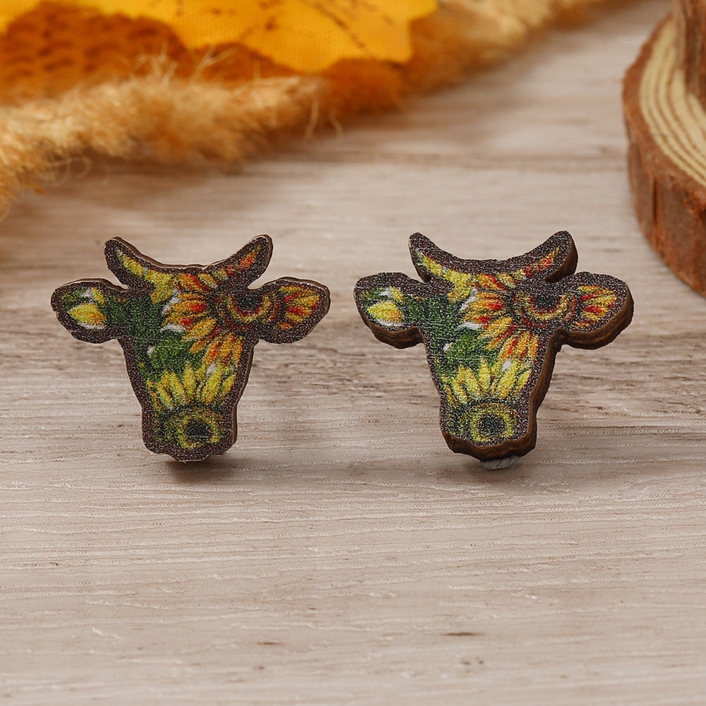 Head Wooden Simple Fashion Personality Cows Pattern Hat Leopard Earrings