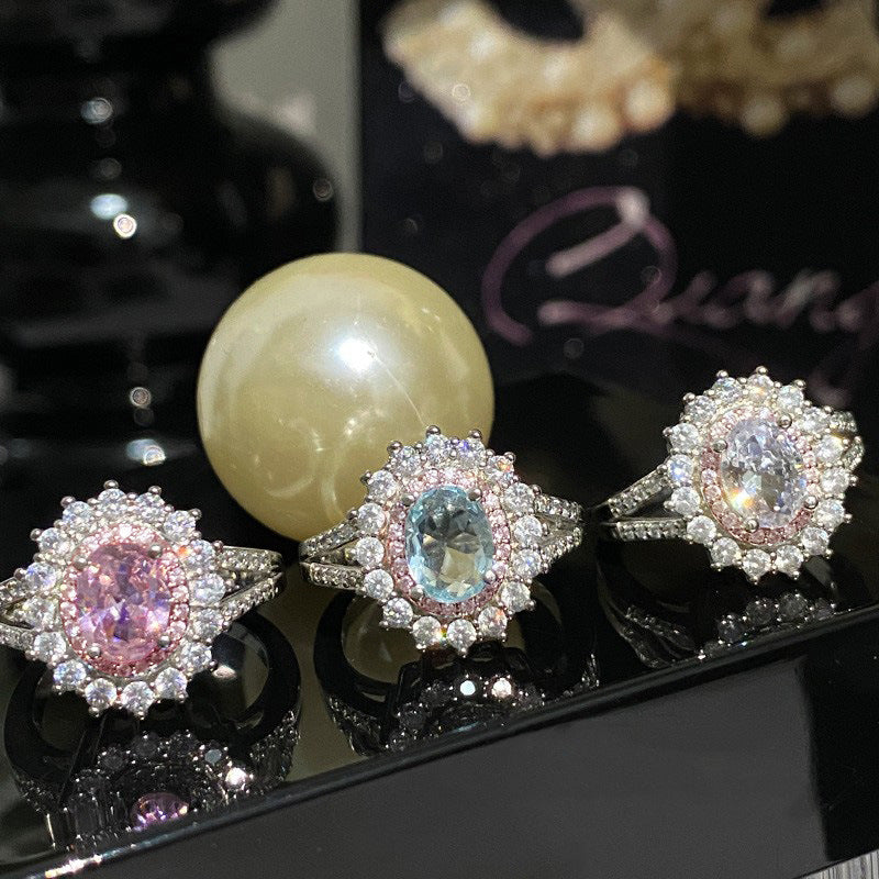 Imitation Aquamarine Sunflower Female Luxury Full Diamond Rings