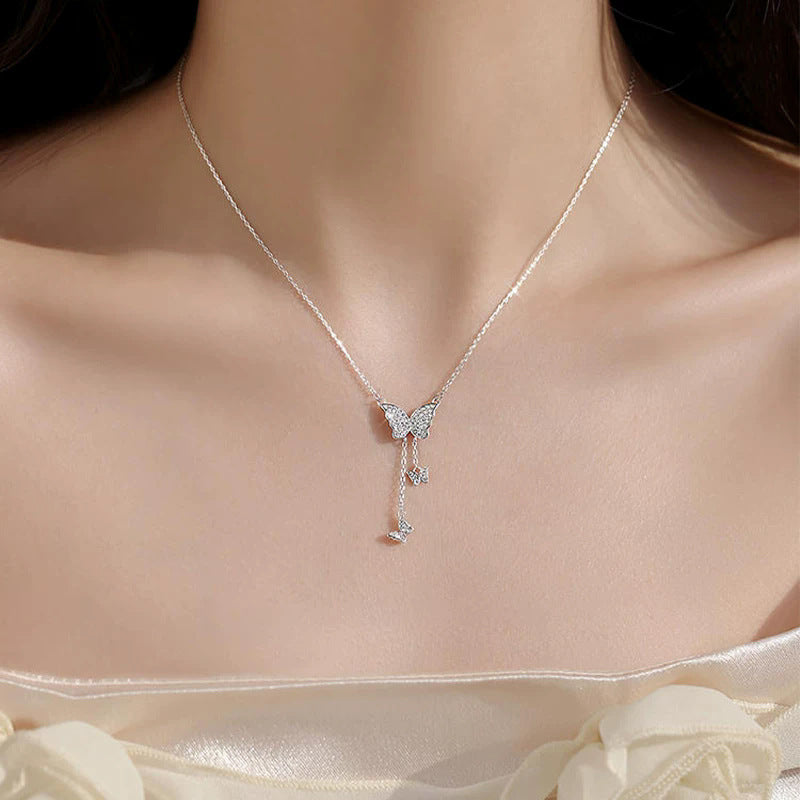 Women's Full Diamond Three Butterfly Tassel Design Sense Niche Style Light Necklaces