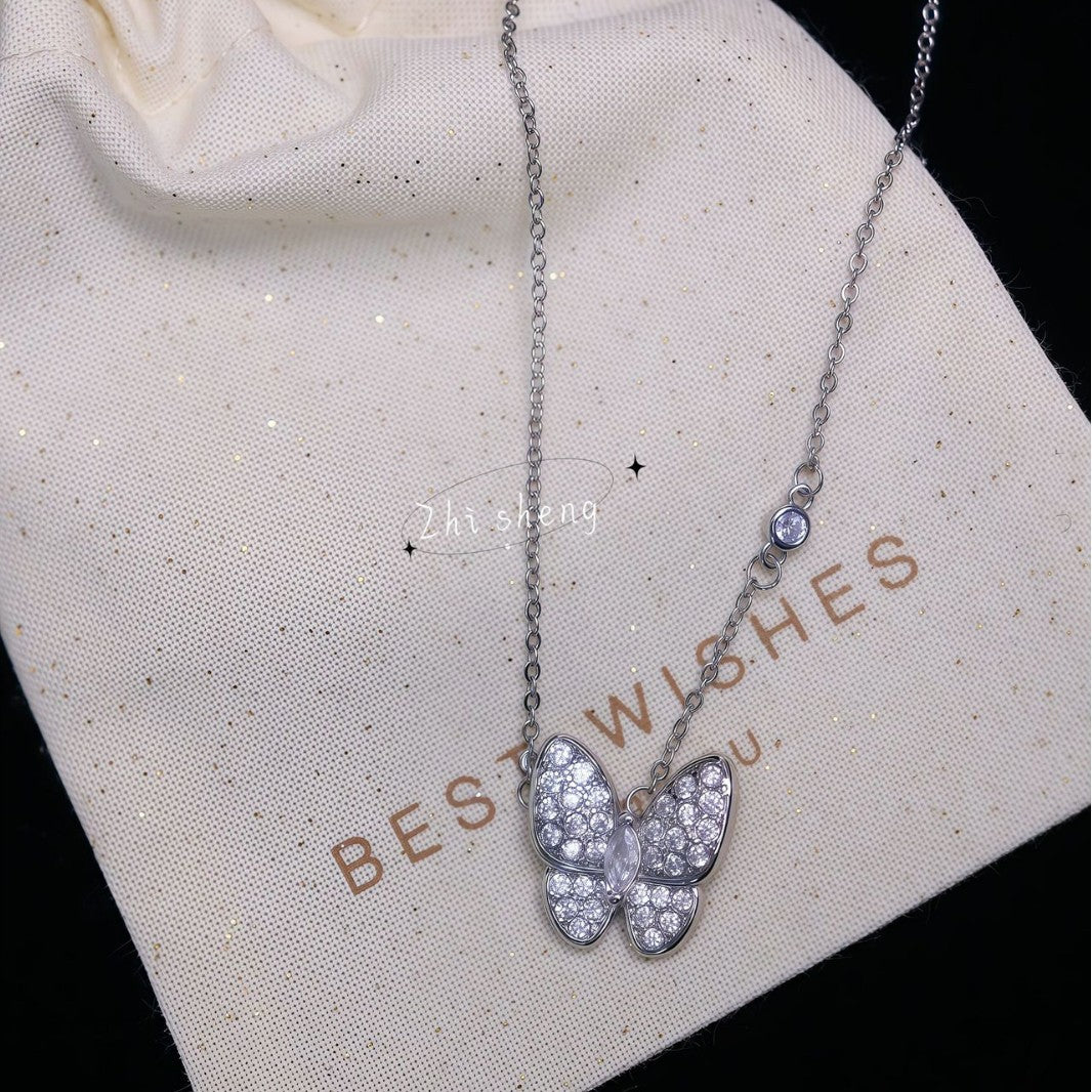 White Mother Shell Full Diamond Butterfly Light Luxury Sense Necklace
