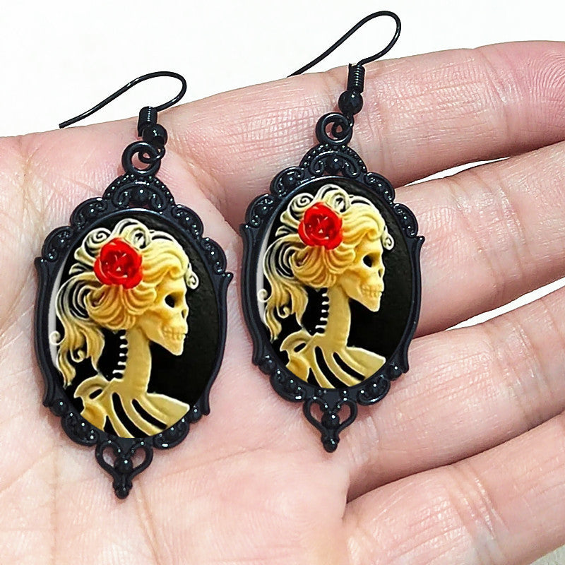 Women's Coffee Billion Ornament Gothic Personality Halloween Oval Earrings