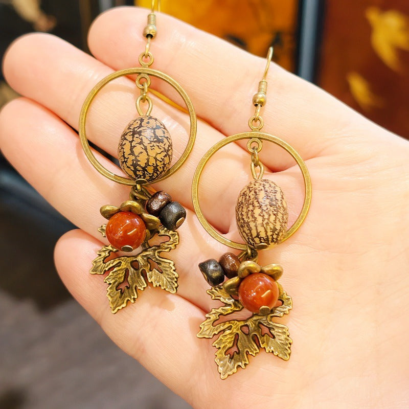 Palace Niche Exotic Plant Dried Fruit Maple Leaf Dangling Earrings