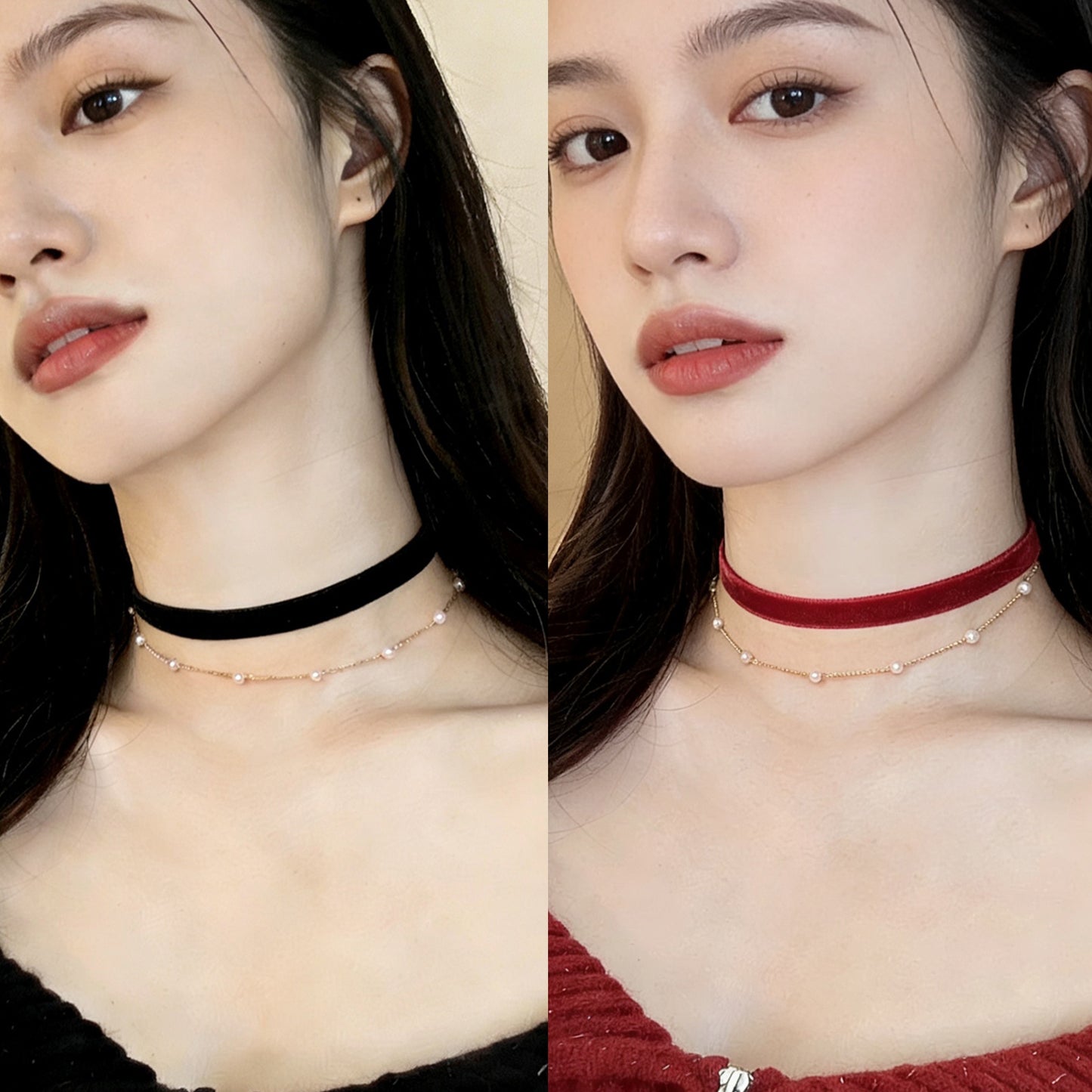 Burgundy Veet Neckband Vintage Toast Clothing Neck Simple Pearl Chain Necklace