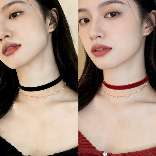 Burgundy Veet Neckband Vintage Toast Clothing Neck Simple Pearl Chain Necklace