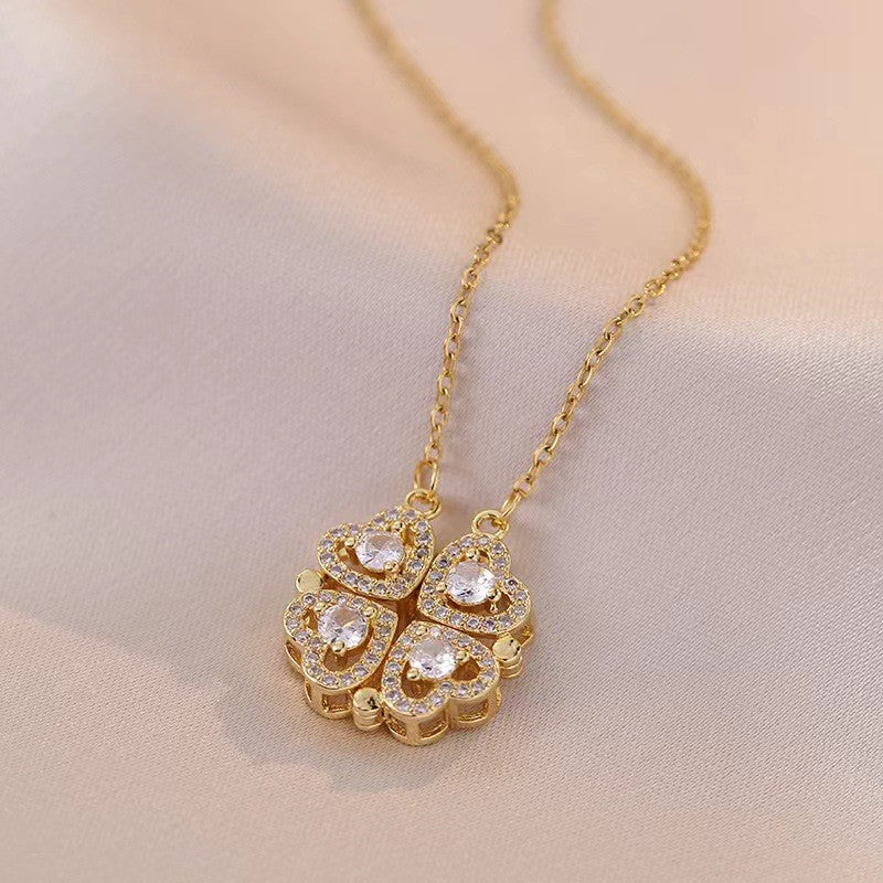 Women's Steel Cross Chain Open Close Four-leaf Flower Necklace