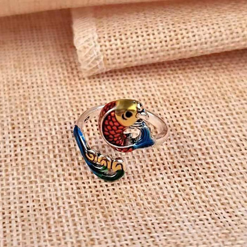 Enamel Color Auspicious Gradient Lucky Koi Chinese Ring