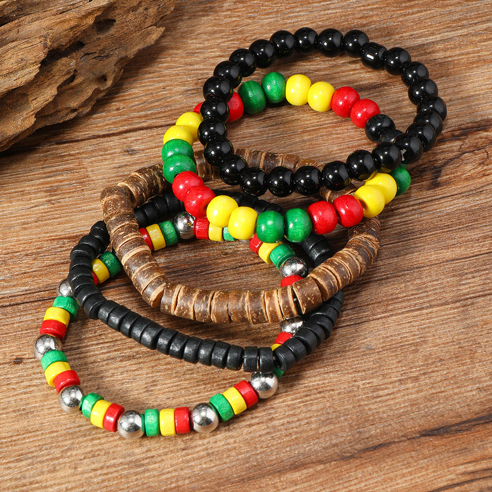 Yellow Green Classic Color Matching Wooden Bead Coconut Shell Elastic Bracelet