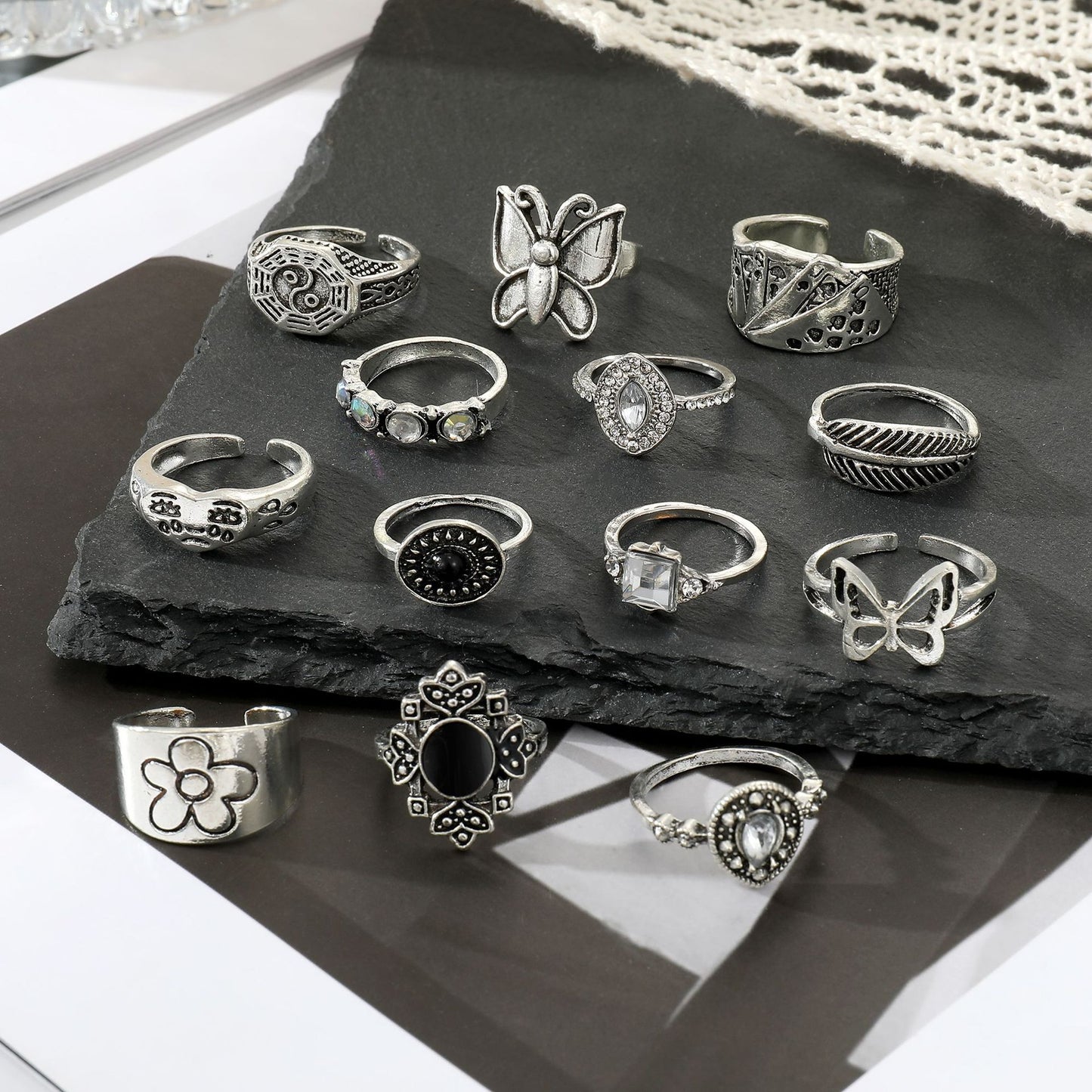 Set Combination Antique Sier Butterfly Elephant Flower Rings