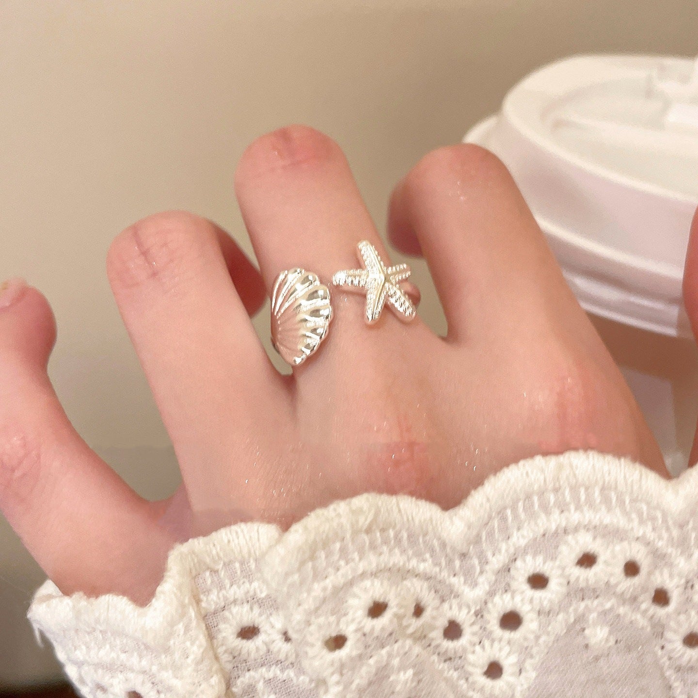 Starfish Shell Female Style Design Mori Blue Open Index Finger Ring