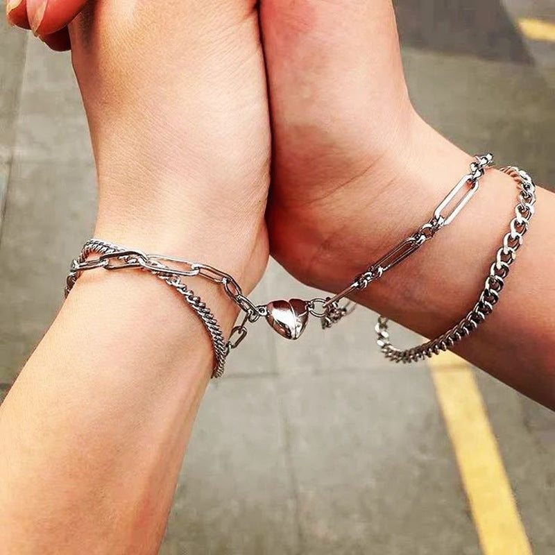 Tide Design Stitching Magnetic Suction Heart Girlfriend Bracelets
