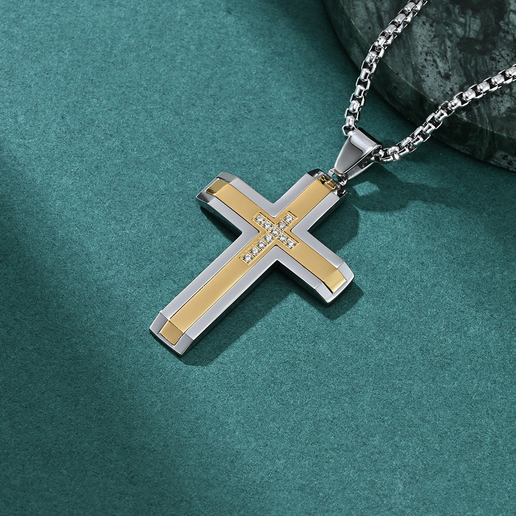 Men's Steel Two-tone Inlaid Cross Vintage Hip Pendants