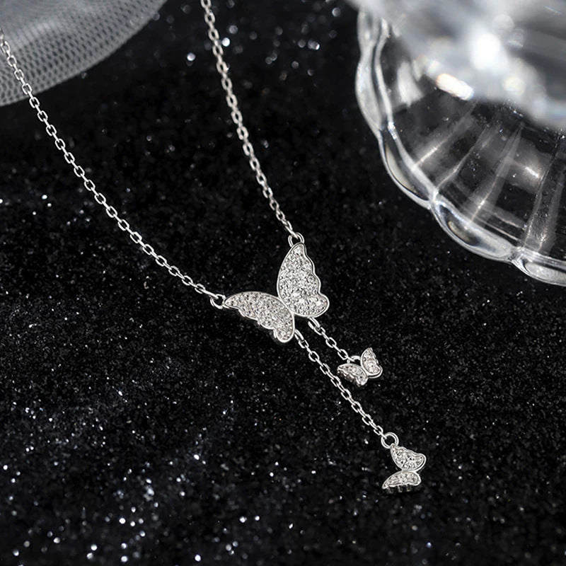 Women's Full Diamond Three Butterfly Tassel Design Sense Niche Style Light Necklaces