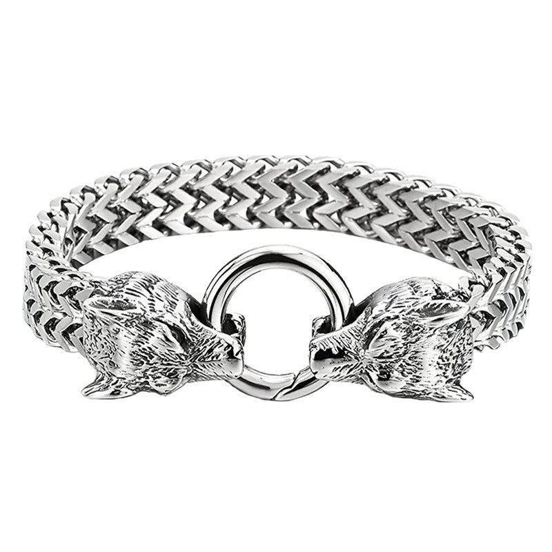 Stainless Steel Retro Personalized Viking Wolf Head Bracelet