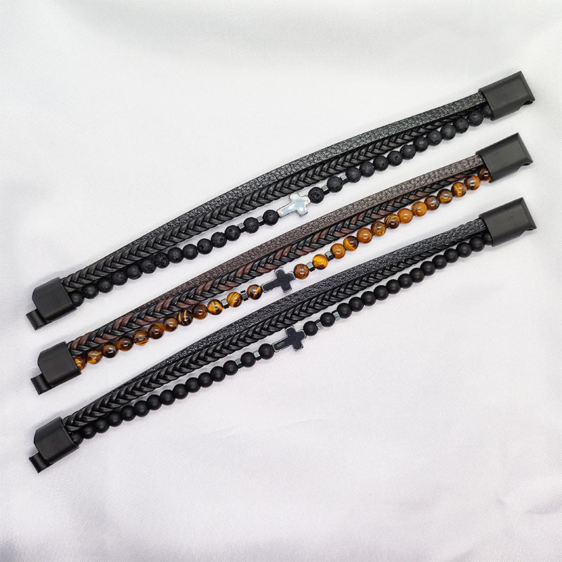 Cross Hematite Personalized Fashion Woven Leather Tigereye Frosted Bracelets