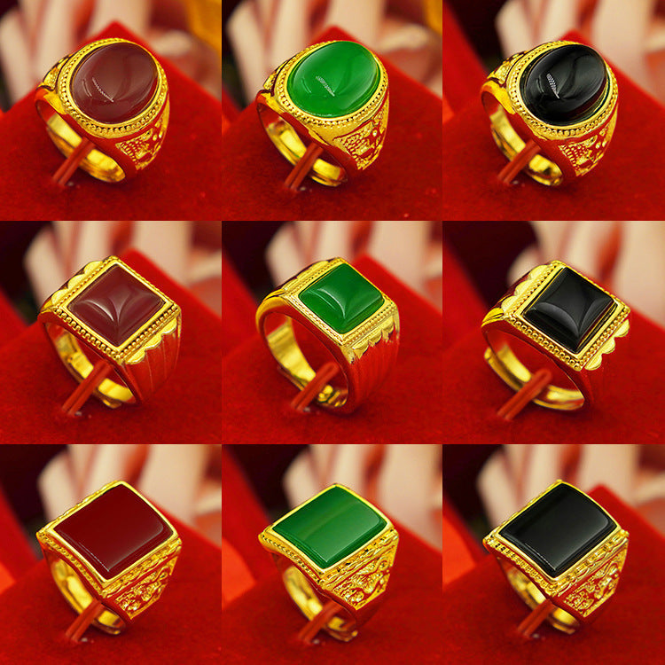 Men's Square Oval Man's Brass Gold-plated Inlaid Obsidian Ring