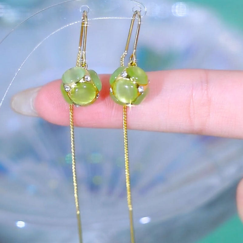 Green Opal Ball Tassel Temperament Long Rings