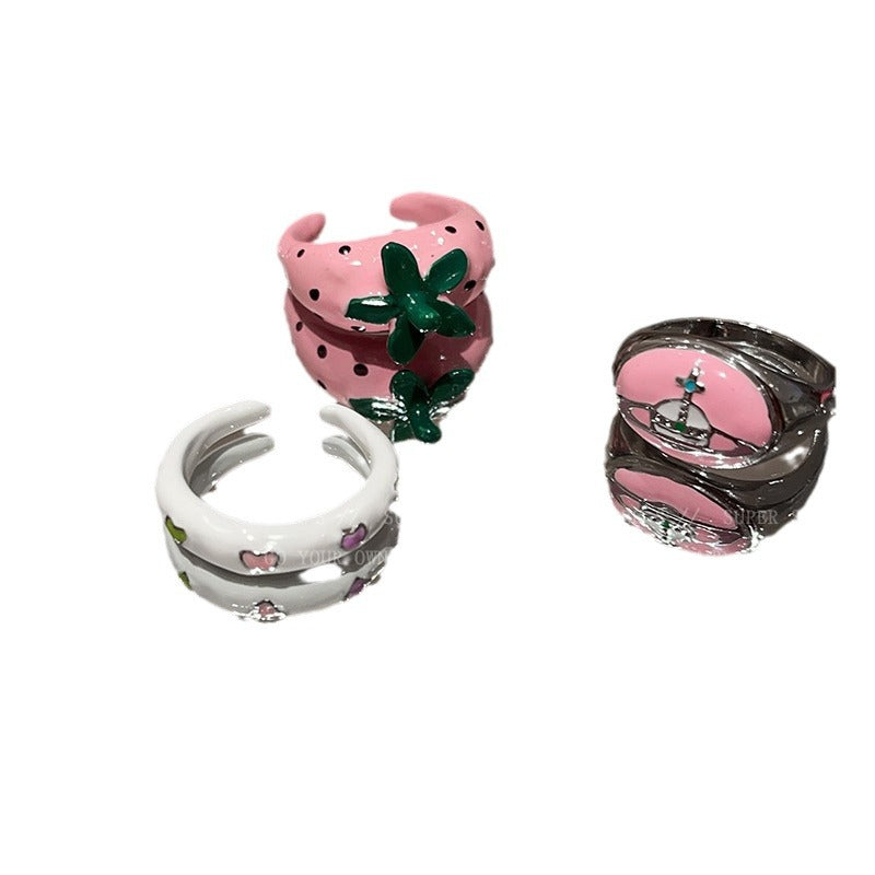 Pink Cute Strawberry Saturn Stylish Opening Rings