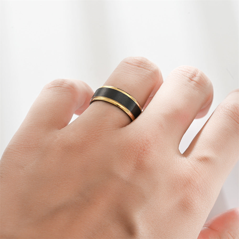Fashion Black Beveled Steps Golden Two-tone Rings