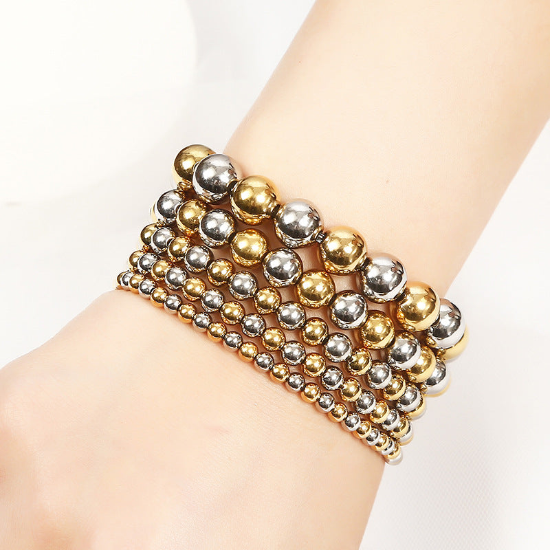 Texture Waterproof Hard-wearing Stainless Steel Mixed Color Two-color Round Beads Bracelet