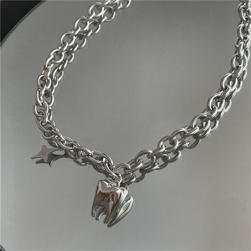 Hop Stainless Steel Titanium Thick Chain Fun Teeth Shape Necklace