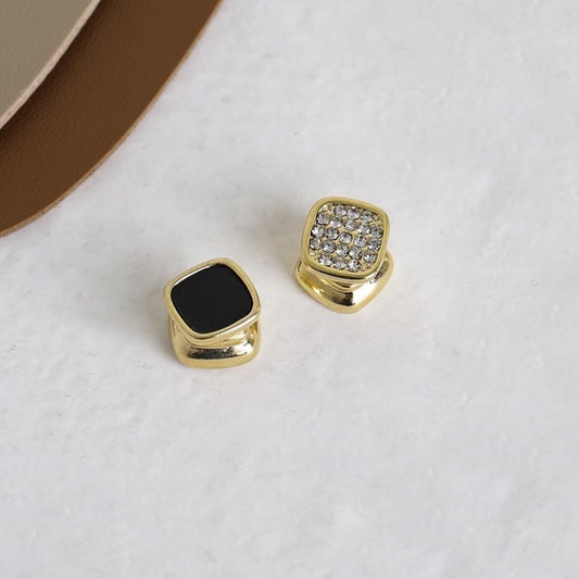 Pierced Magnet Double-sided Asymmetric Black Square Earrings